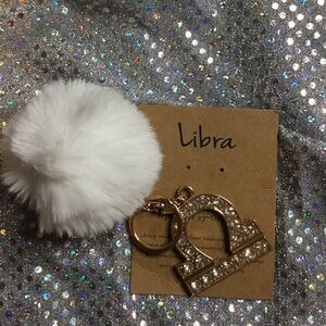 White Pom Pom and Gold Libra Keychain